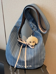 Women Casual Striped Denim Tote Bag Large Capacity Shoulder Bag With Bow Plush Dog Charm Aurora Embroidery Shopping Bag