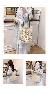 Détail d'un sac cabas en crochet fait main avec motifs floraux et anses en cuir marron