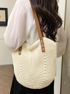 Lazy style large capacity woven straw tote bag with brown leather shoulder straps