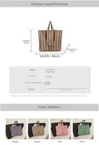 Size chart for striped canvas tote bag showing dimensions and four available colors