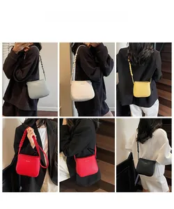 Multiple colors of lychee grain shoulder bags with stylish woven straps shown on models