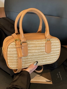 Fashion Women Straw Woven PU Leather Patchwork Shoulder Bag Summer Vacation Handbag Small Square Crossbody Boston Bag