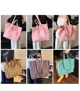 Collage of striped canvas tote bags showing models wearing different colors in daily life
