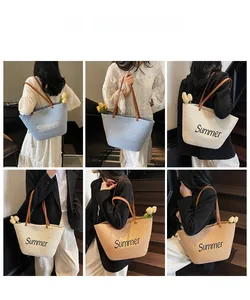 Close-up collage showing texture and Summer text on straw tote bags in various colors