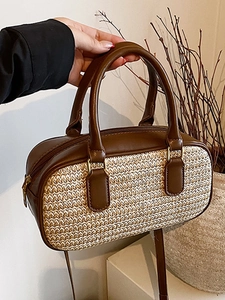 French vintage straw woven Boston handbag with brown PU leather trim and shoulder strap