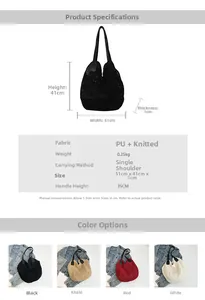 Detailed size chart and specifications for large knitted tote bag with PU details