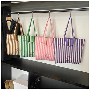 Vertical striped canvas tote bags with cute puppy embroidery in four vibrant colors