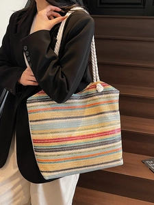 Large capacity colorful rainbow woven straw tote bag for summer beach and commute use