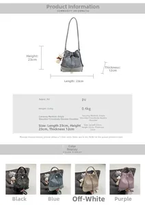 Size guide and material specs for the floral embossed PU leather drawstring bucket bag
