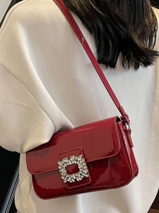 Fashionable red patent leather shoulder bag with crystal buckle for women