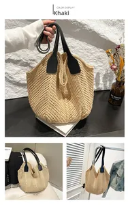 Detailed views of khaki knitted tote bag with black leather handles and hollow woven design