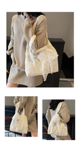 Detail of white lace tote bag with floral embroidery and large side bow ornament