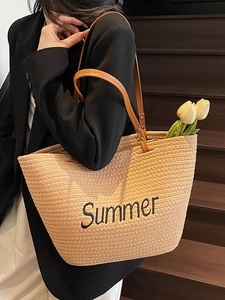 Large capacity summer straw bucket bag with Summer embroidery and brown leather handles