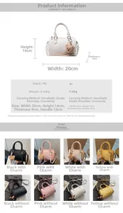 Detailed size chart and color options for Boston style textured PU leather handbag