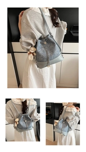 Detail of floral jacquard bucket bag featuring heart drawstring and plush bear charm