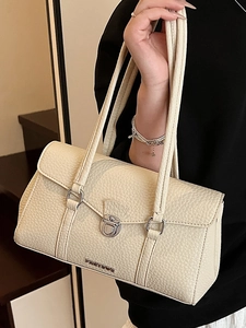 Elegant cream white underarm bag with lychee texture and silver twist lock for women