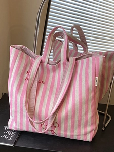 Women Striped Canvas Tote Bag Large Capacity Embroidered Cartoon Dog Shoulder Bag Casual Shopping Bag For Daily Use