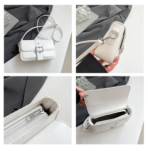 Vues détaillées du sac blanc avec texture litchi, détails argentés et compartiments internes