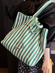 Large green striped canvas tote bag with Good Life dog embroidery for women