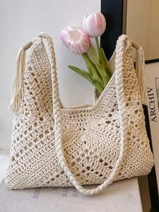 Borsa a Spalla in Paglia Intrecciata a Uncinetto Fatta a Mano per Donna Borsa Tote da Spiaggia Boema Con Nappe Borsa Sottobraccio Casual