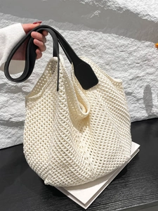 Women Large Capacity Knitted Crochet Tote Bag Casual Hollow Shoulder Bag With Leather Strap Solid Color Beach Vacation Bag