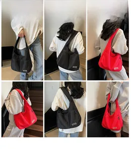 Multiple views showing large capacity canvas tote bags in black and red colors