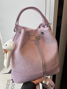Women Floral Jacquard Drawstring Bucket Bag Heart Metal Slider Artificial Pearl Decor Shoulder Bag With Plush Bear Charm
