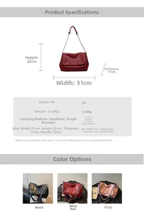 Detailed size chart showing 31x22x11cm dimensions and chain strap for women's PU leather bag