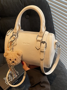 Women PU Leather Pebble Grain Boston Bag Small Cylinder Handbag Crossbody Bag With Bear Charm Urban Simple Shoulder Bag
