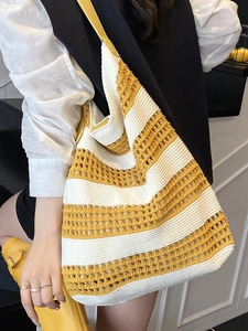 Retro yellow and white striped hollow knit tote bag with slender leather straps for beach