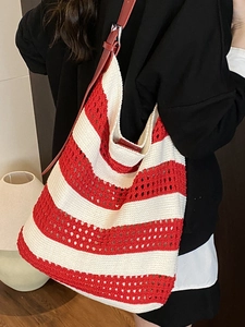 Retro red and white striped knit tote bag with leather strap for summer beach vacation