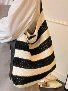 Retro black and white striped knit tote bag with leather strap for summer vacation