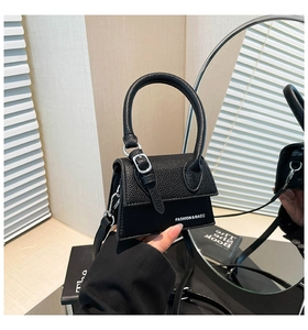 Gros plan détaillé d'un mini sac noir texture litchi avec poignée ronde et reflet miroir