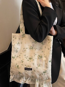 Cabas en toile à fleurs avec nœud en dentelle et volant, sac d'épaule romantique