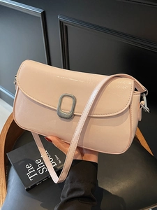 Pink patent leather underarm shoulder bag with silver metal oval buckle ornament