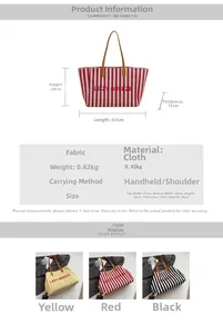 Spécifications détaillées de taille pour le grand sac fourre-tout en toile à rayures