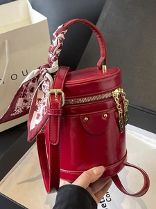 Vintage Minimalist PU Leather Cylindrical Bucket Bag For Women With Scarf Wrapped Handle Gold Lock Fashion Shoulder Crossbody Bag