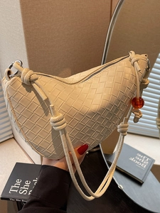 Women Woven PU Leather Hobo Shoulder Bag Crescent Moon Crossbody Bag Knotted Strap Amber Bead Detail Urban Commuter Handbag