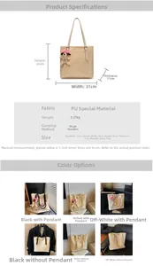 Detailed size chart and dimensions of the woven straw tote bag with dimensions icons