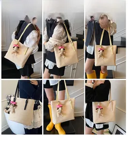 Multiple views of a woven tote bag with a plush dog charm and adjustable straps