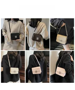 Collage of chic square shoulder bags in six colors showing model carrying effects