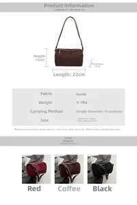 Size chart for suede barrel bag showing 22x13x10cm dimensions and color options