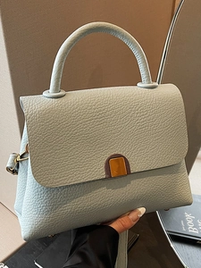Women Urban Minimalist PU Leather Lychee Pattern Shoulder Bag With Top Handle Golden Metal Lock Flap Square Crossbody Bag