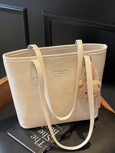 Large Capacity Women Tote Bag Minimalist PU Leather Shoulder Bag Solid Color Commuting Handbag Casual Tote With Plush Bear Charm