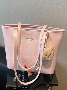 Pink large capacity faux leather tote bag for women with plush bear and scarf detail