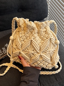 Hand-Woven Cotton Cord Macrame Bucket Bag With Drawstring Tassel Wood Beads Bohemian Summer Beach Shoulder Crossbody Bag For Women