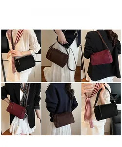 Detailed views of suede crossbody bag in black, brown and wine red for daily styling