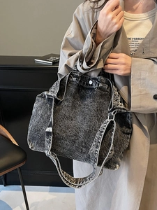 Grande borsa tote in denim lavato vintage da donna con doppie tracolle in stile retrò casual