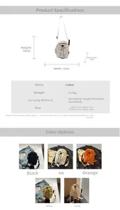 Detail view of mini drawstring bucket bag showing 13x18x8cm dimensions and five color options