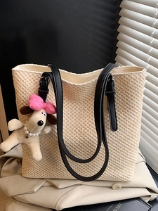 Women Large Capacity Straw Woven Tote Bag Casual Shoulder Handbag With Artificial Pearl Puppy Charm PU Leather Strap